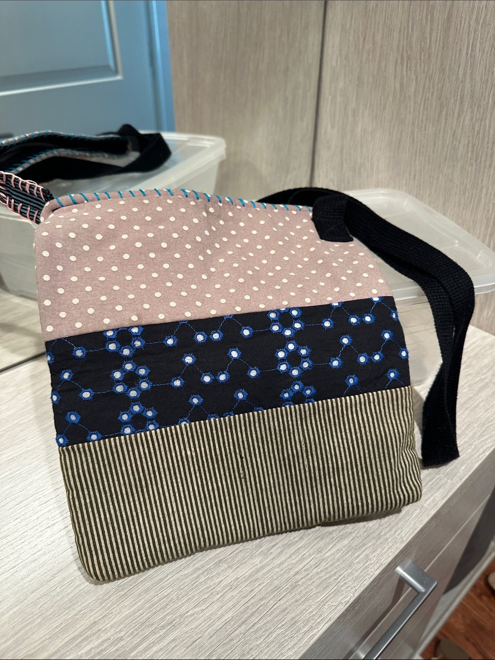 Patchwork Crossbody Bag - Pink, Navy & Tan